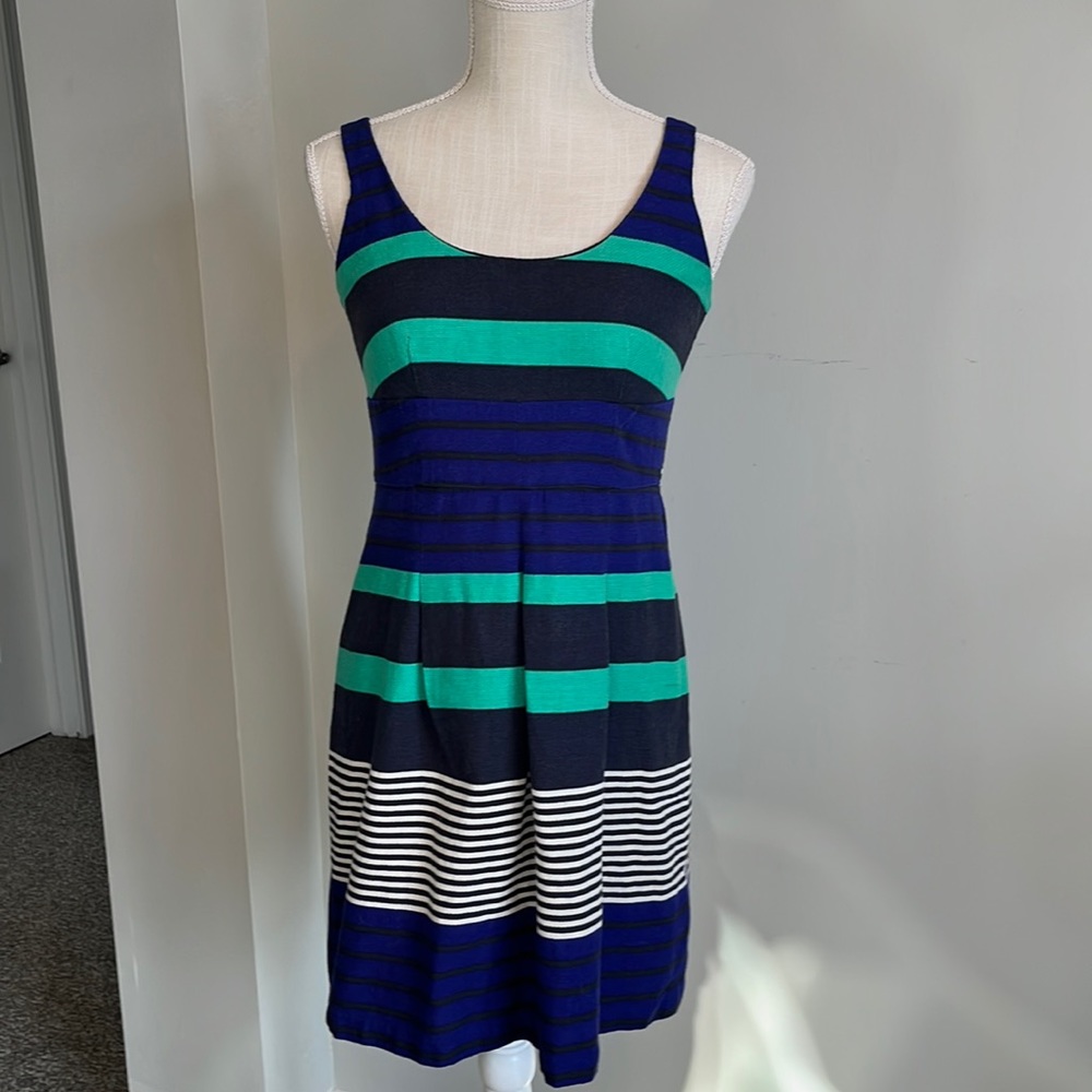 LOFT Striped Midi Dress in Blue and Green